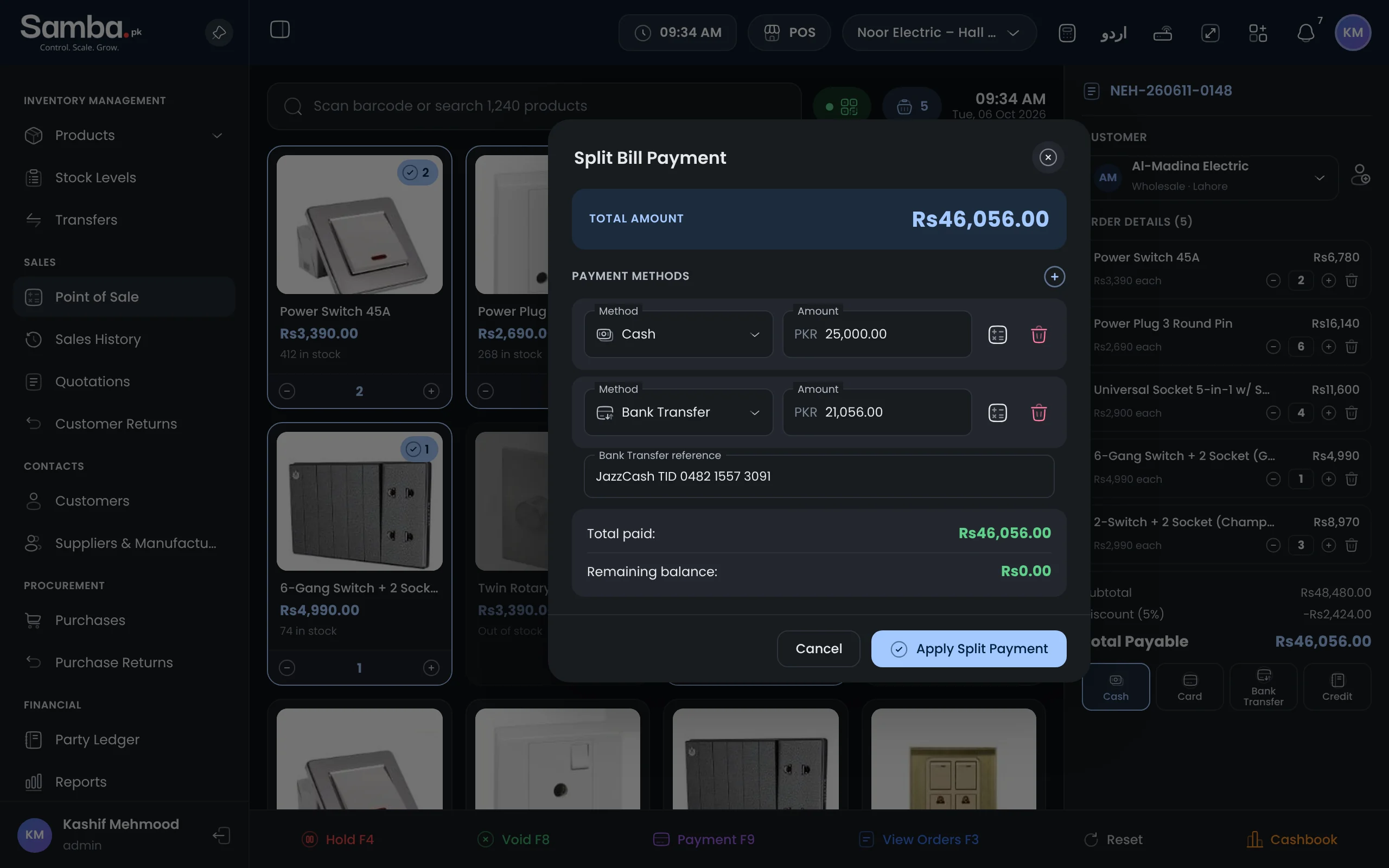 Samba POS splitting a bill between cash and bank transfer