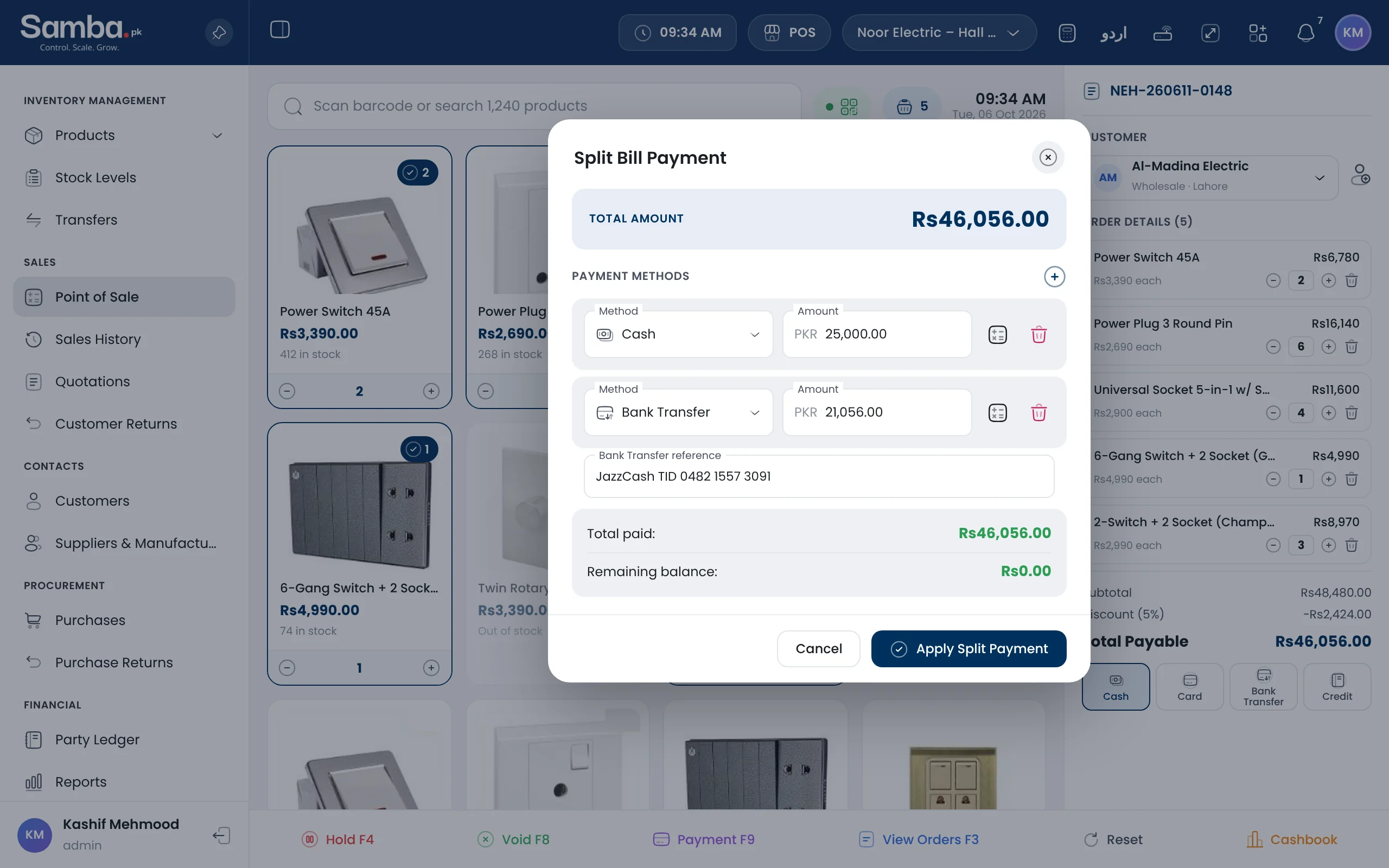 Samba POS splitting a bill between cash and bank transfer